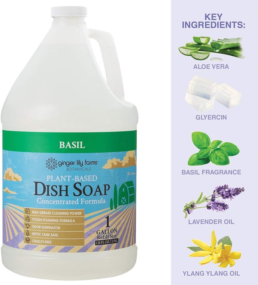 Ginger Lily Farms Dish Soap - Maximum Grease Cleaning Power, Plant-Based, Basil Scent - 1 Gallon