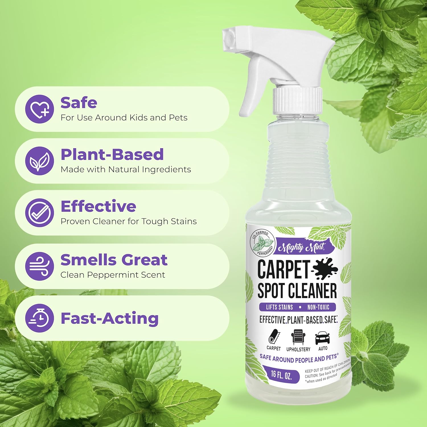 Mighty Mint Carpet Cleaner - Plant-Based Stain Remover, Natural Peppermint, 16oz