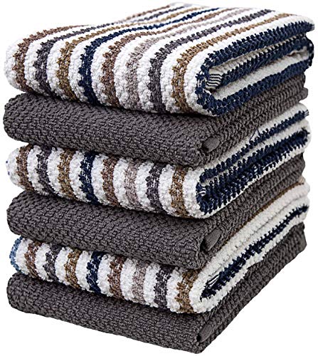 Bumble Kitchen Linens Set - Highly Absorbent 100% Cotton, 6 Large Towels with Hanging Loop - Gray