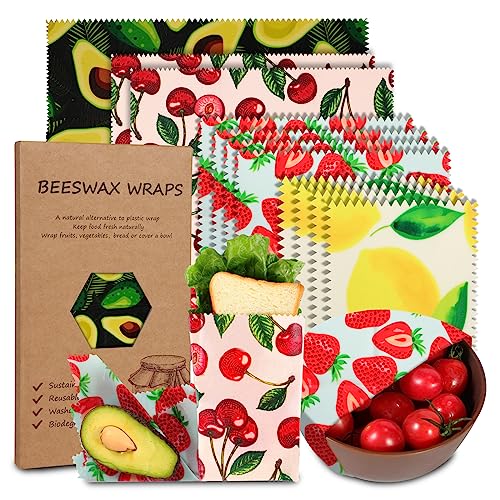 Reusable Beeswax Food Wraps - Organic Cotton, Locks in Freshness, 11 Pack with Varied Sizes