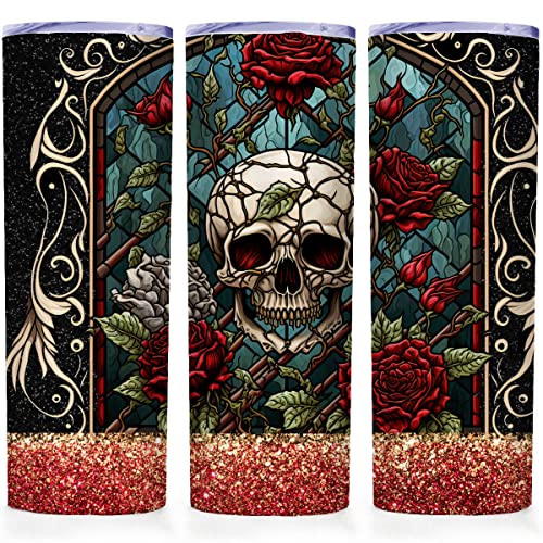 ATHAND 20oz Skinny Tumbler - Durable Stainless Steel, Double Wall Insulation, Unique Skull & Roses