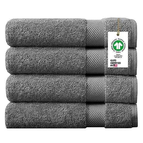 Delara Organic Cotton Towels - Plush Quick Dry, GOTS & Oeko-Tex Certified - 4 Pack Sharkskin Grey