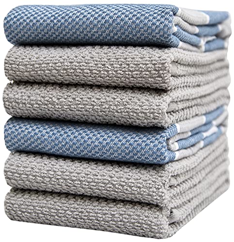 Bumble Premium Kitchen Towels - Highly Absorbent Cotton, Machine Washable, 6 Pack - Aqua & Grey