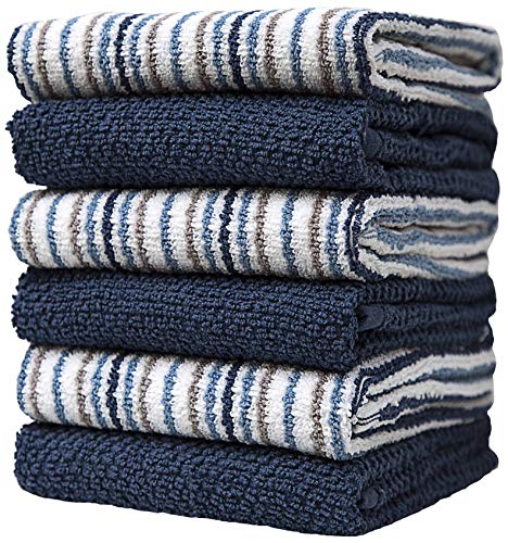 Bumble Kitchen Towels - Highly Absorbent 100% Cotton, 6 Pack with Tote Bag - 16"x26", Blue Stripe