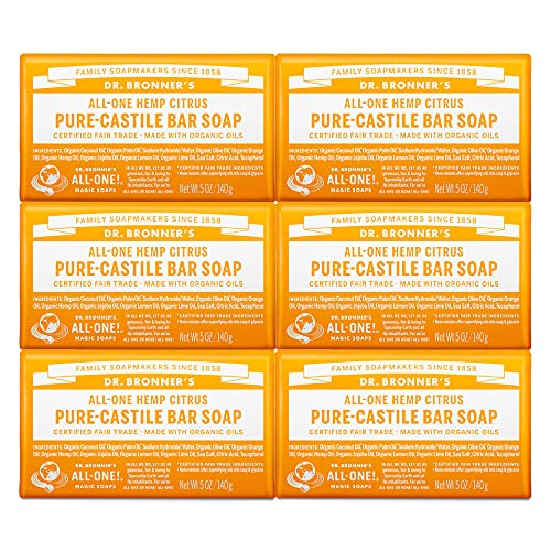 Dr. Bronner's Pure-Castile Bar Soap - Moisturizing Organic Oils, Vegan, Biodegradable - 6-Pack