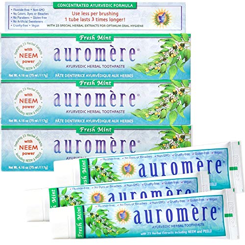 Auromere Ayurvedic Herbal Toothpaste - Refreshing Mint, Vegan, Non-GMO, Fluoride-Free - 3 Pack