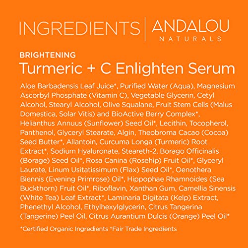 Andalou Naturals Face Serum - Brightens Skin Tone, Anti-Aging with Vitamin C & Turmeric - 1.1 Fl Oz