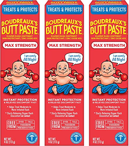 Boudreaux's Butt Paste Diaper Rash Cream - Fast Relief, 40% Zinc Oxide, 4 oz Tube, 3 Pack