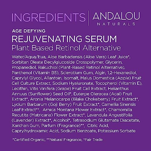 Andalou Naturals Facial Serum - Boosts Vitality, Reduces Fine Lines, Plant-Based Retinol - 1 Oz