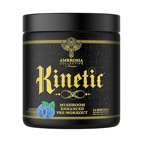 Ambrosia Kinetic Pre-Workout - Mushroom-Powered Energy, Vegan, Blue Raspberry Flavor - 30 Servings