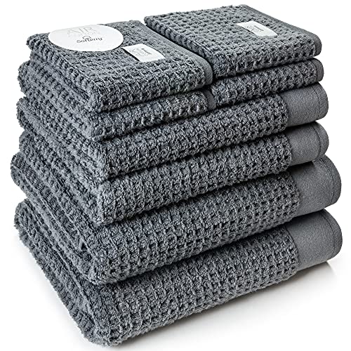 Softerry Waffle Bath Towel Set - Luxurious Soft Cotton, High Absorbency, 8 Piece - Space Gray