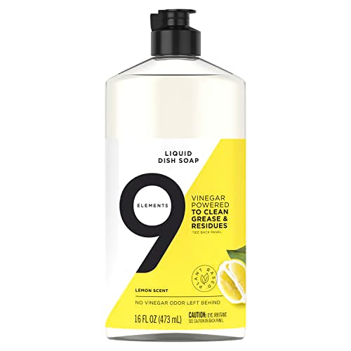 9 Elements Dishwashing Liquid - Cuts Grease & Hard Water, Vinegar-Powered, Lemon Scent - 16oz