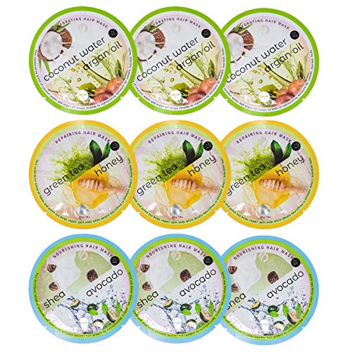 SpaLife Hair Mask Set - Nourishing Avocado, Restorative Green Tea, Hydrating Coconut Water - 9 Pack