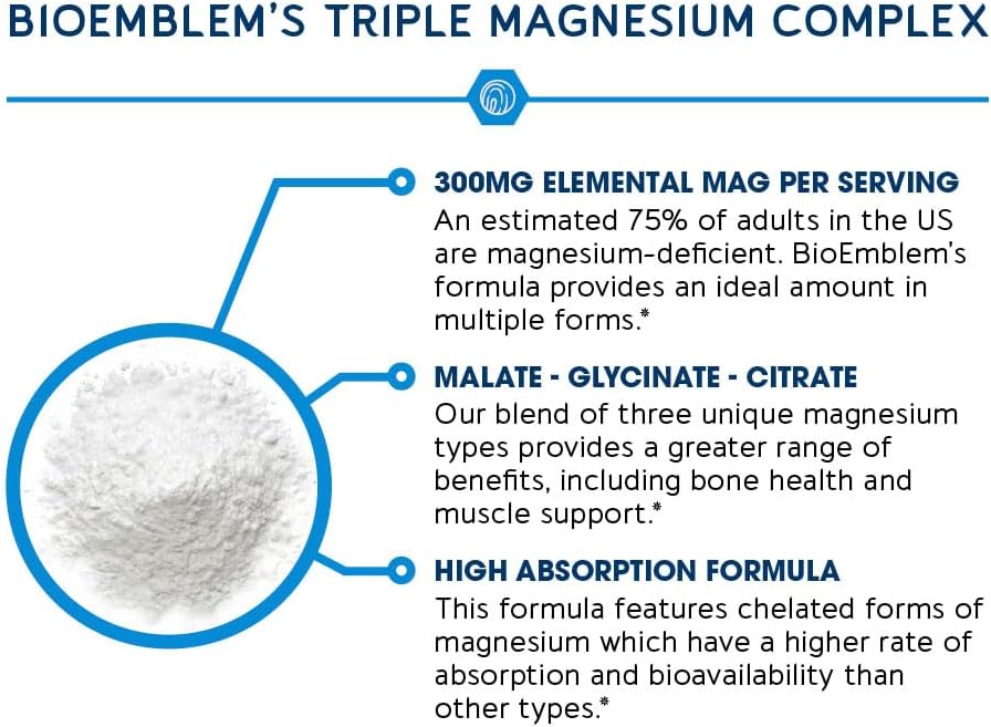 BioEmblem Triple Magnesium Complex - Supports Muscle, Nerve Health & Energy, Vegan - 90 Capsules