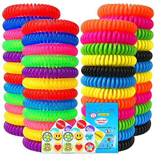 Natural Mosquito Repellent Bracelet - DEET-Free, Waterproof, 48 Pack with Stickers - Adjustable