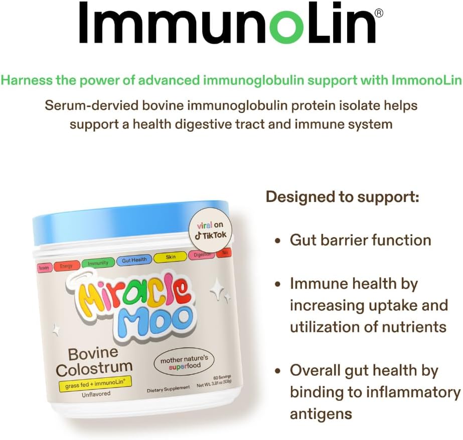 MIRACLE MOO Colostrum Supplement - Immune, Gut, Hair Support, Grass Fed, Unflavored - 60 Servings