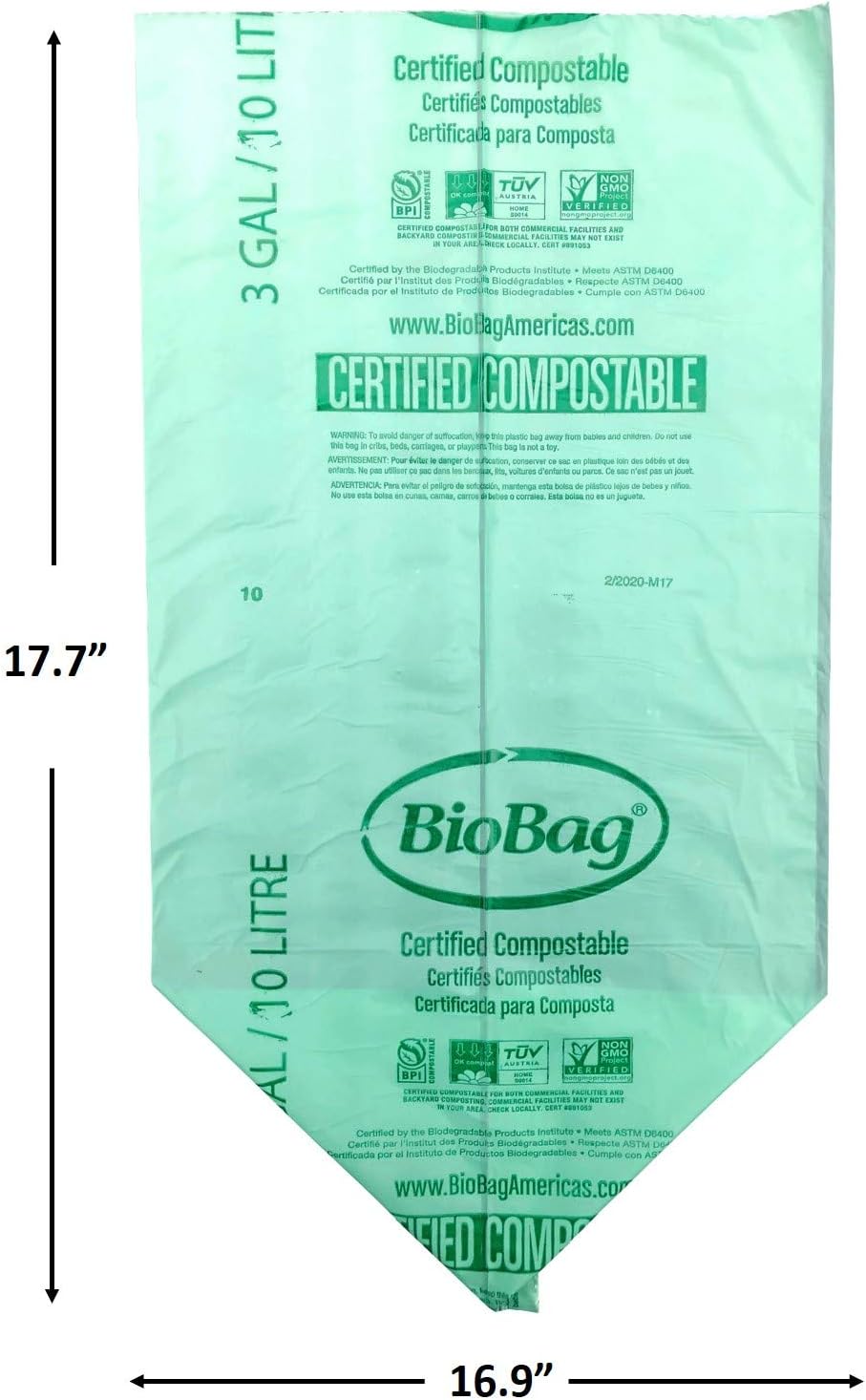 BioBag Compostable Trash Bags - Certified for Food Scraps, Fits Kitchen Bins - 100 Count, 3 Gallon