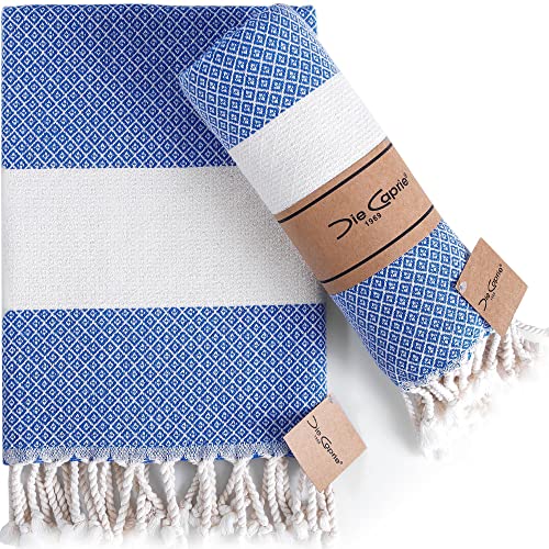 Die Caprie Turkish Hand Towels Set of 2 - 100% Organic Cotton, OEKO-TEX Certified, 16x39in, Blue