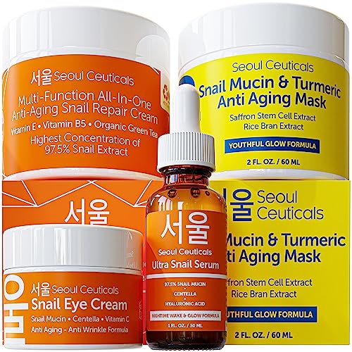 Korean Skin Care Set - Brightening Snail Mucin Serum & Moisturizers, 97.5% Active - 4 Piece Kit