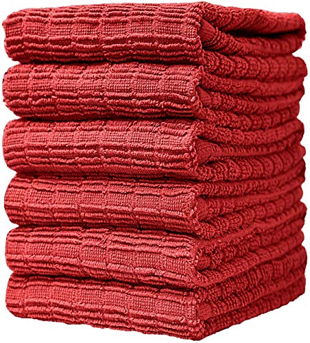 Bumble Kitchen Towels - Highly Absorbent 100% Cotton, Soft & Durable - 6 Pack, 16''x28'' Red Check