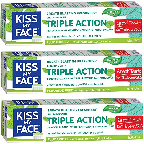 Kiss My Face Gel Toothpaste - Whitens, Fights Plaque, Vegan, Fresh Mint - 4.5oz (Pack of 3)