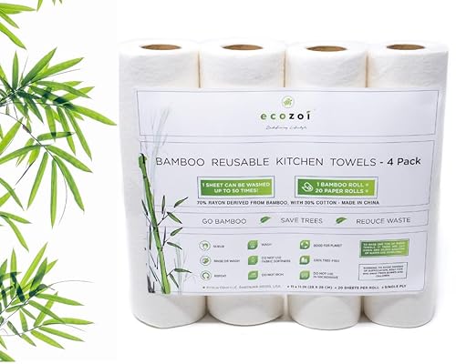 ecozoi Reusable Bamboo Paper Towels - 50x More Absorbent, BPA-Free & Durable - 4 Pack