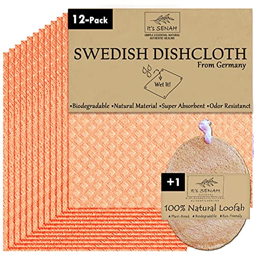 Natural Swedish Dish Cloths - Super Absorbent, Reusable, Biodegradable - 12 Pack + 1 Loofah