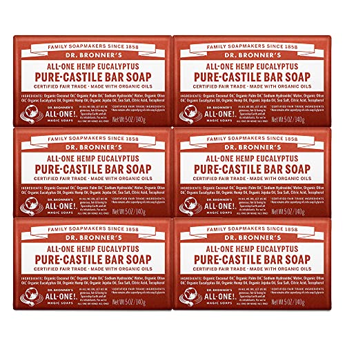 Dr. Bronner's Pure-Castile Bar Soap - Gentle Moisturizing, Organic Oils - Eucalyptus, 5oz, 6-Pack