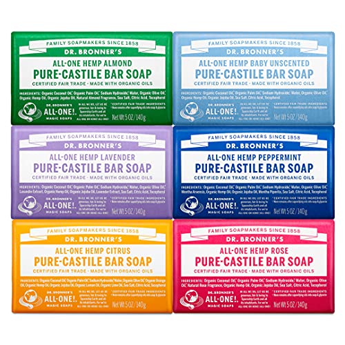 Dr. Bronner's Pure-Castile Bar Soap Variety Pack - Organic Oils, Vegan, 6 Scents - 5oz Each