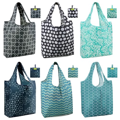 BeeGreen Tote Bags - X-Large 50lbs Capacity, Cute Patterns, Machine Washable - Pack of 6