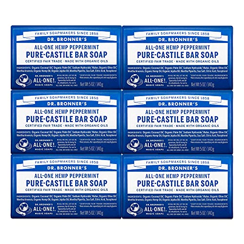 Dr. Bronner's Pure-Castile Bar Soap - Moisturizing Organic Oils, Vegan, Biodegradable - 6-Pack, 5oz