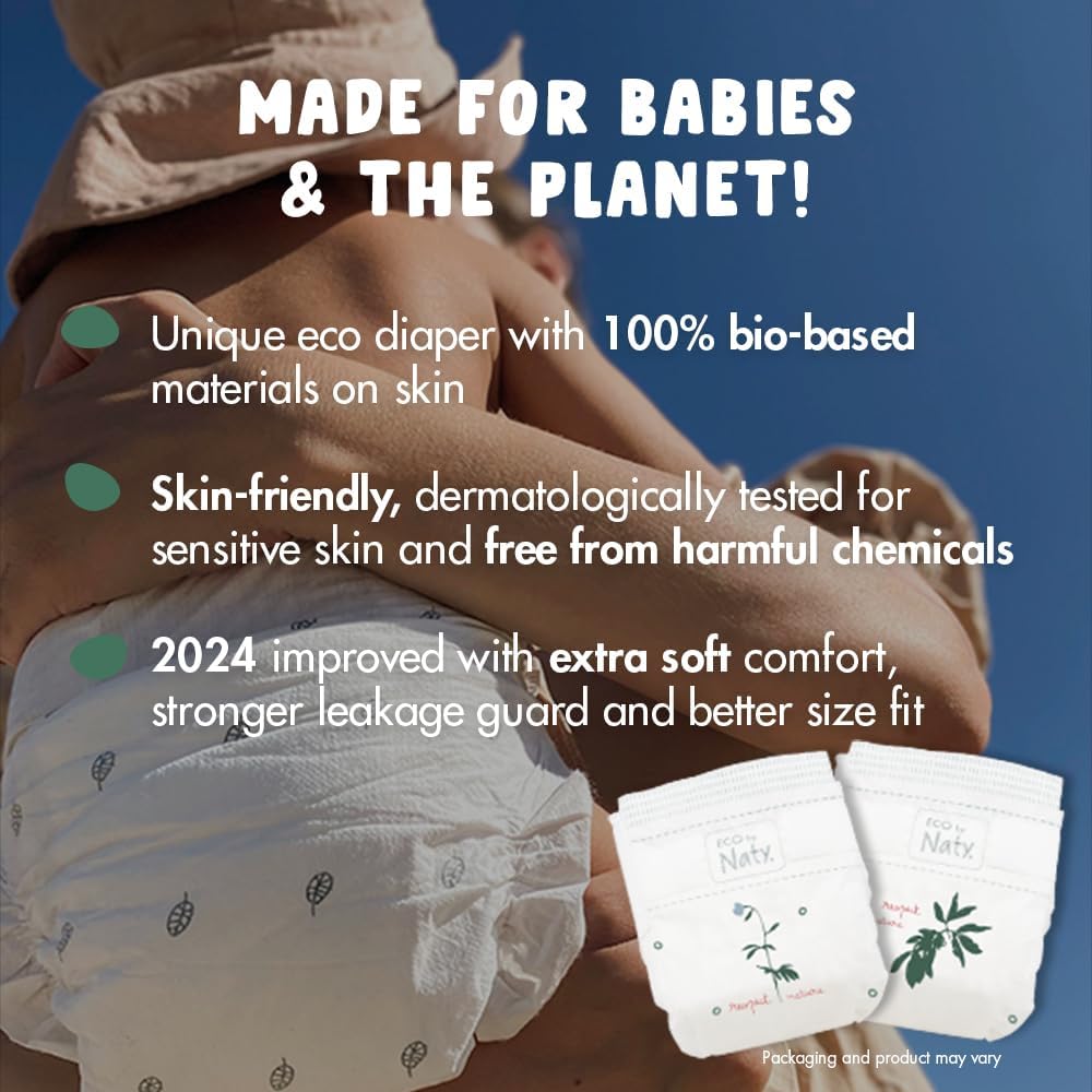 Eco by Naty Baby Diapers - 100% Plant-Based, Hypoallergenic, Super Absorbent - Size N, 100 Count