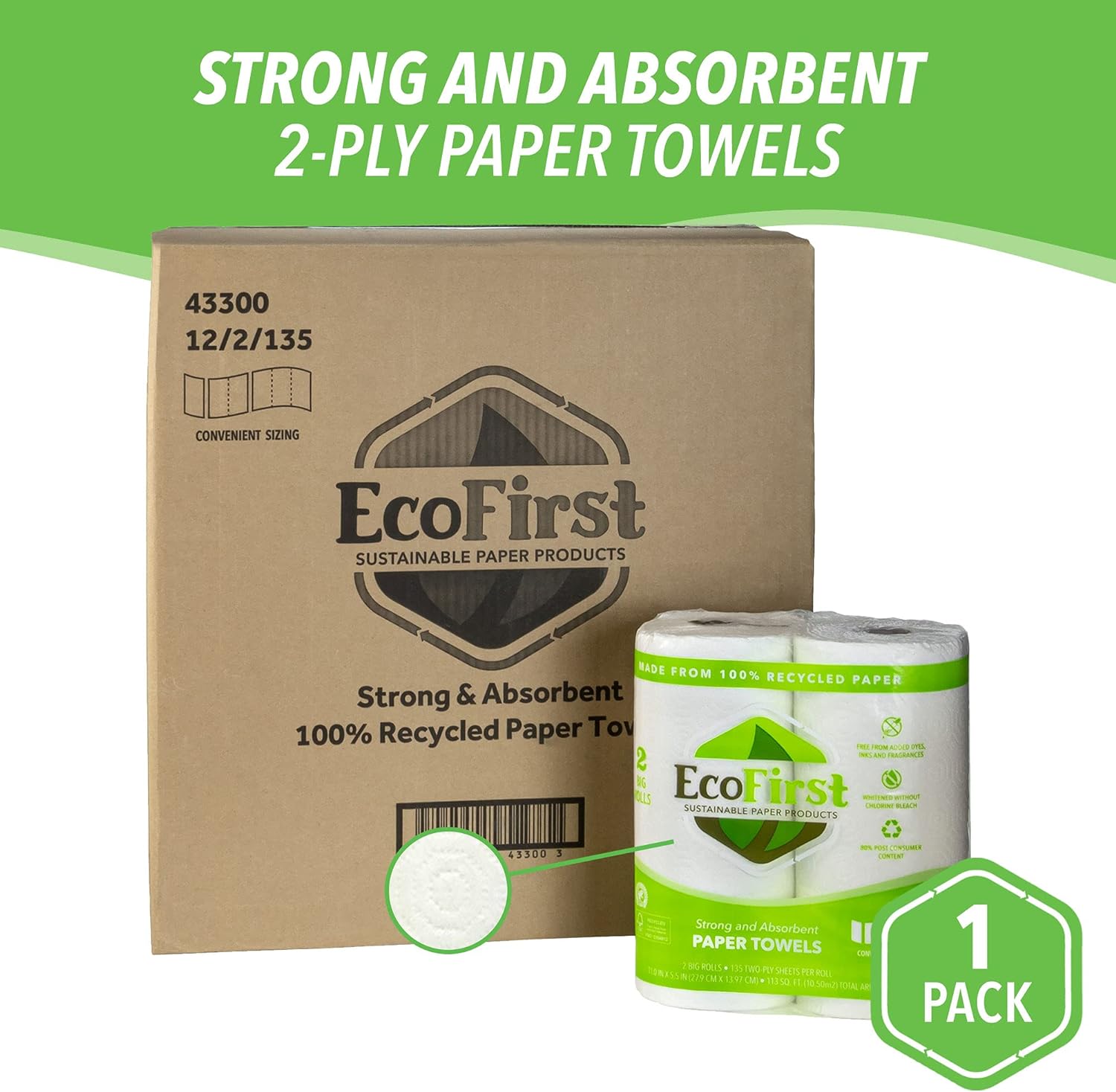 EcoFirst Paper Towels - 100% Recycled, Chlorine-Free, 2-Ply Strength, Half Sheets - 2 Rolls