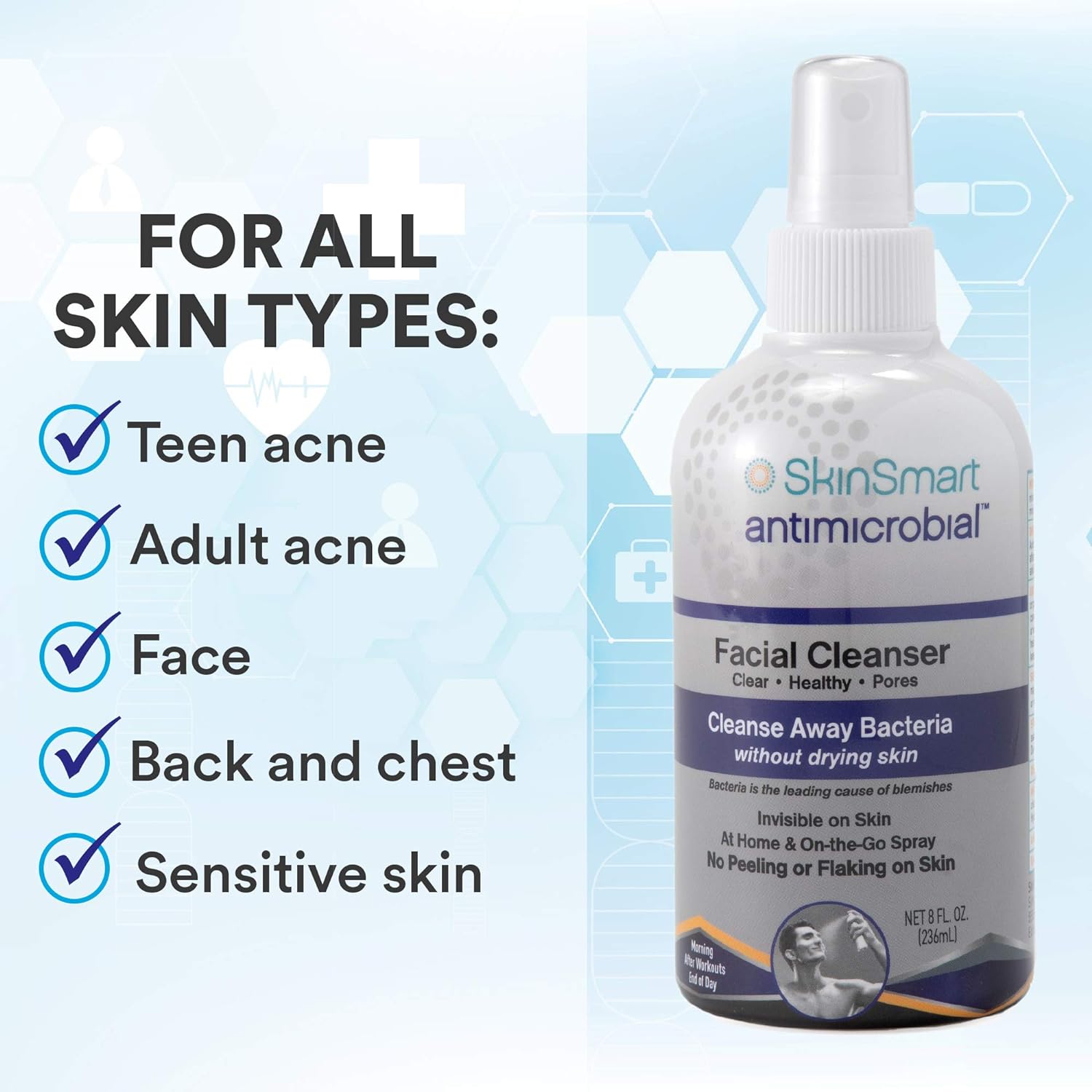 SkinSmart Facial Cleanser - Targets Acne-Causing Bacteria, Safe for Sensitive Skin - 8 oz Spray