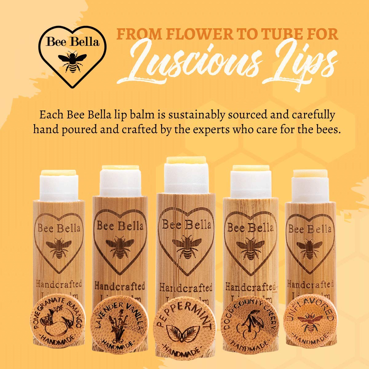 Bee Bella Lip Balm - Hydrating Peppermint Care, 100% Natural Beeswax & Vitamin E - 3 Pack