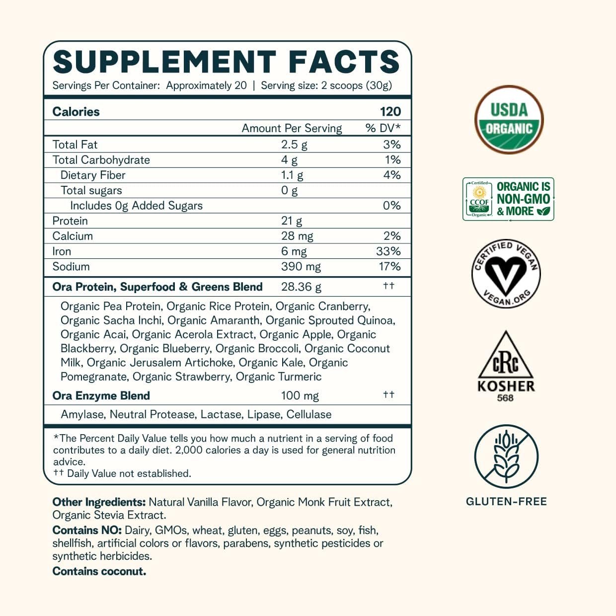 Ora Organic Protein Powder - 21g Plant-Based Protein, 19 Superfoods, Vanilla Flavor - 20 Servings