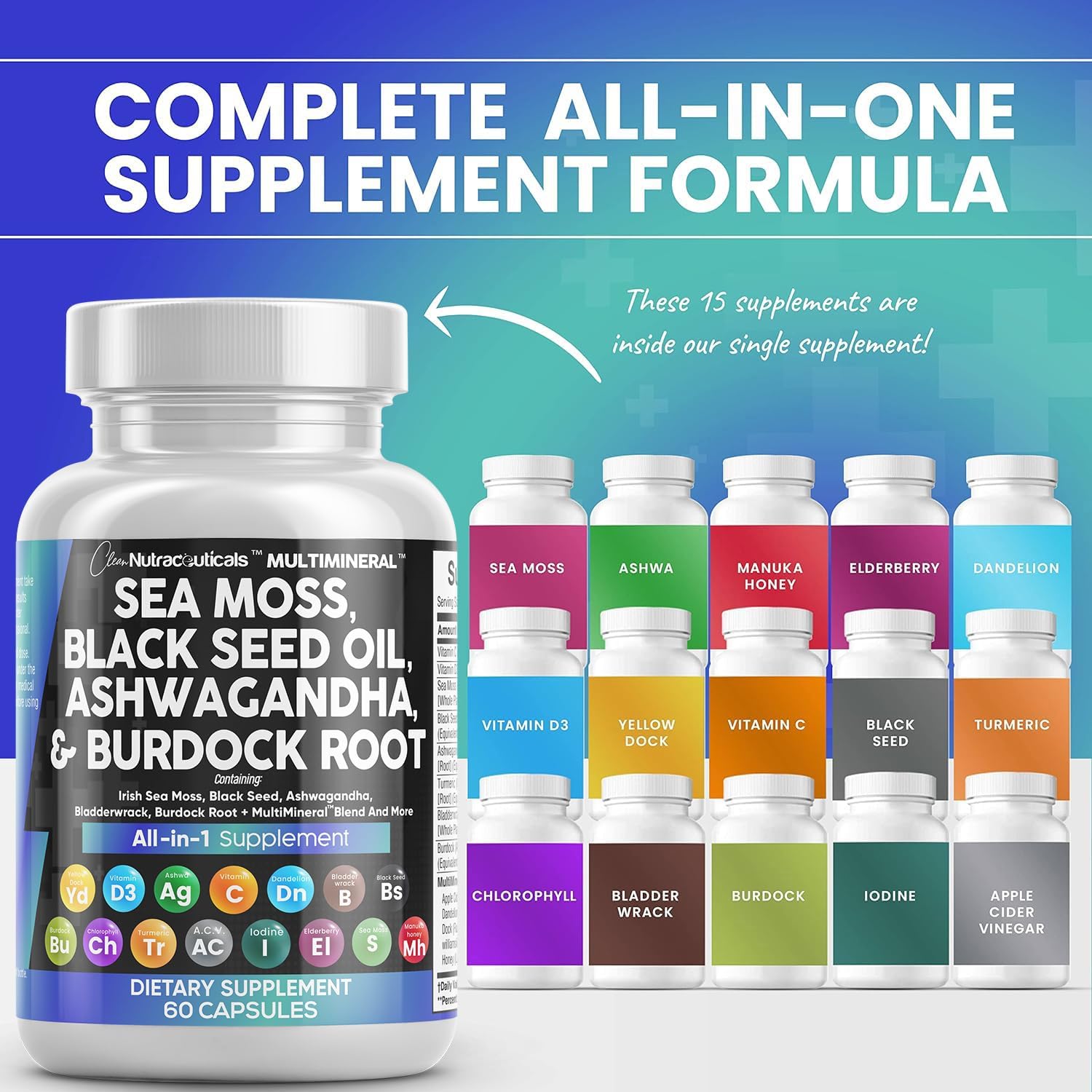 Clean Nutra Sea Moss Supplement - 15 Ingredients for Health, Hair & Wellness - 90 Capsules