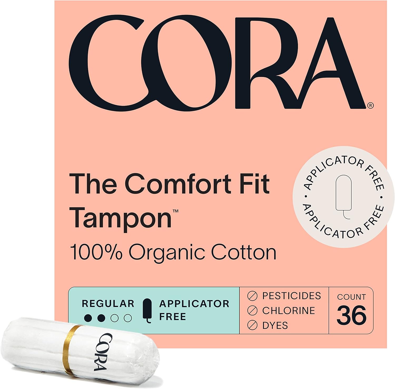 Cora Organic Cotton Non-Applicator Tampons - Ultra-Absorbent, Hypoallergenic - 36 Count