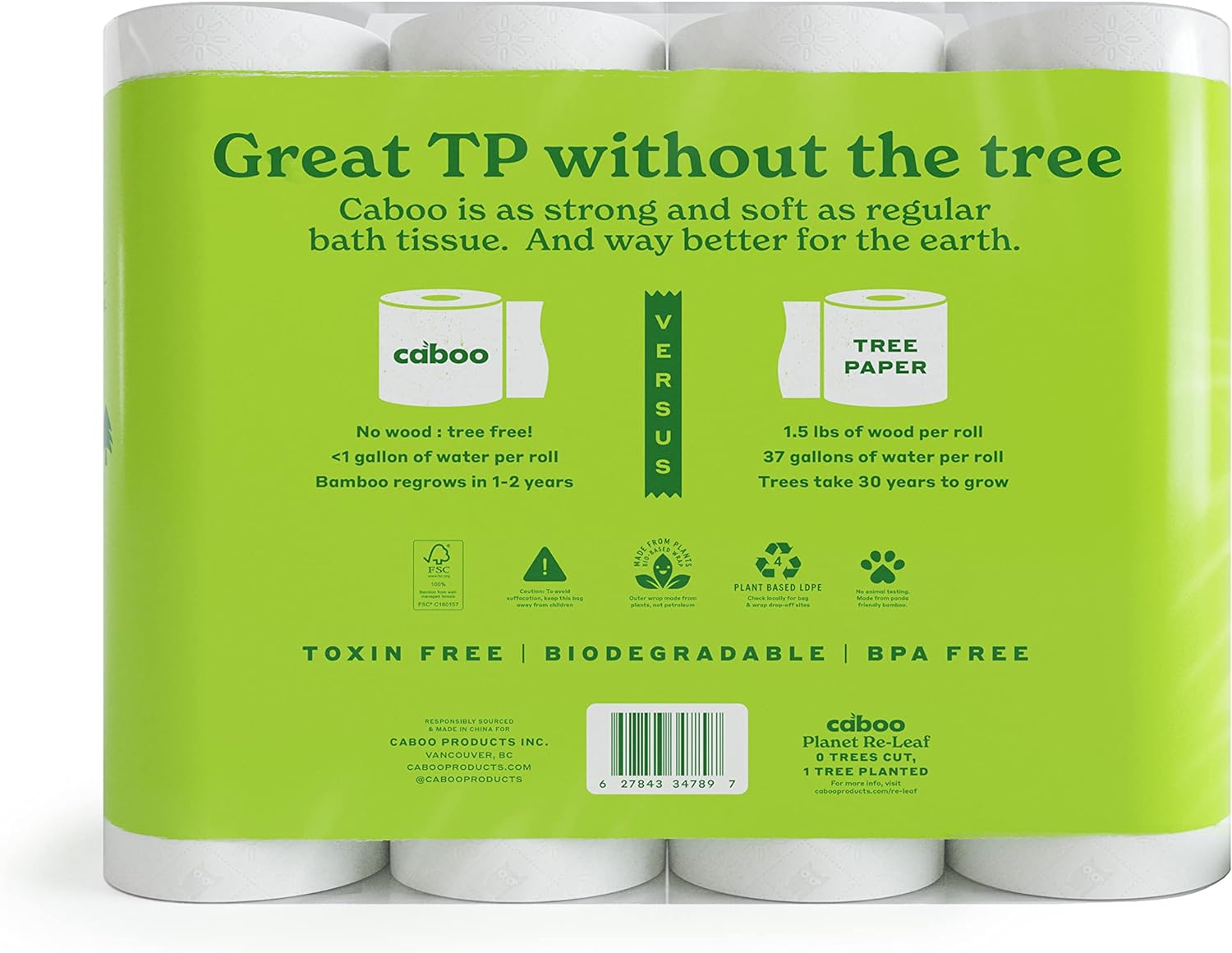 Caboo Tree Free Toilet Paper - Soft, Septic Safe, Non-Toxic, Hypoallergenic - 24 Double Rolls