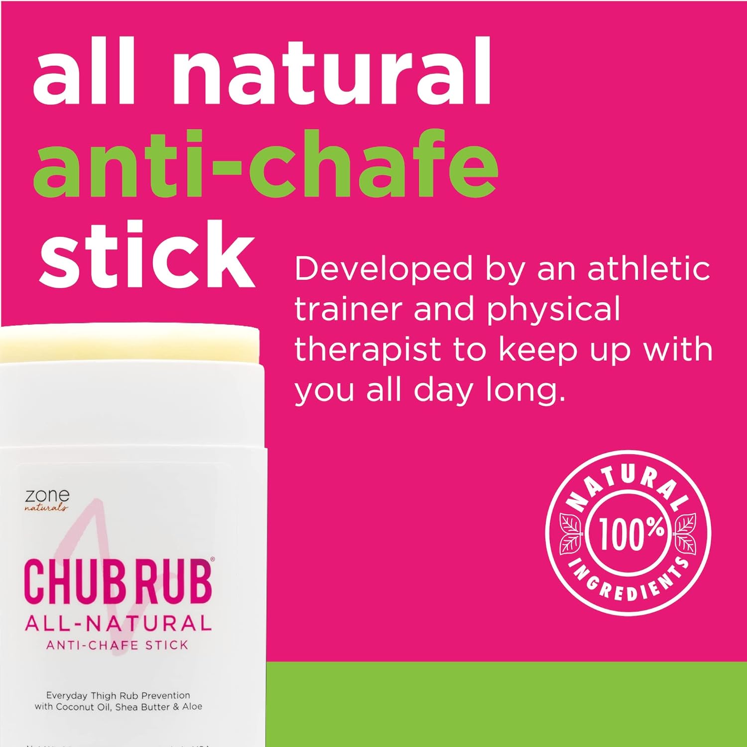 Zone Naturals Anti Chafing Stick - Natural Friction Defense, Hydrating Barrier - 1.5oz