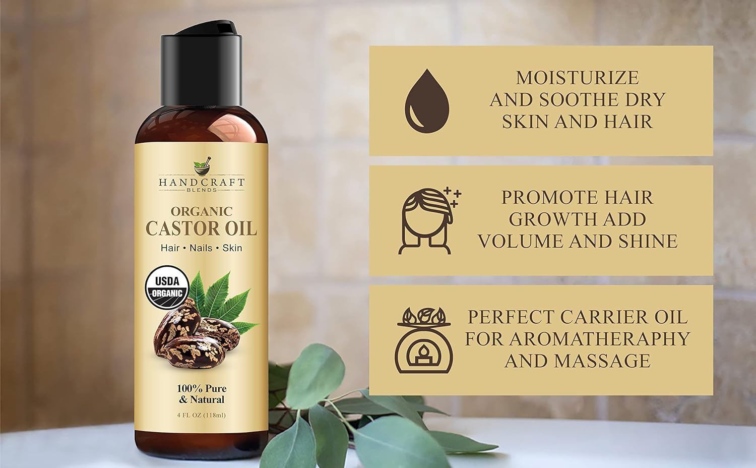 Handcraft Blends Organic Castor Oil - Hair Growth, Nourishing Moisture for Skin & Hair - 4 Fl Oz