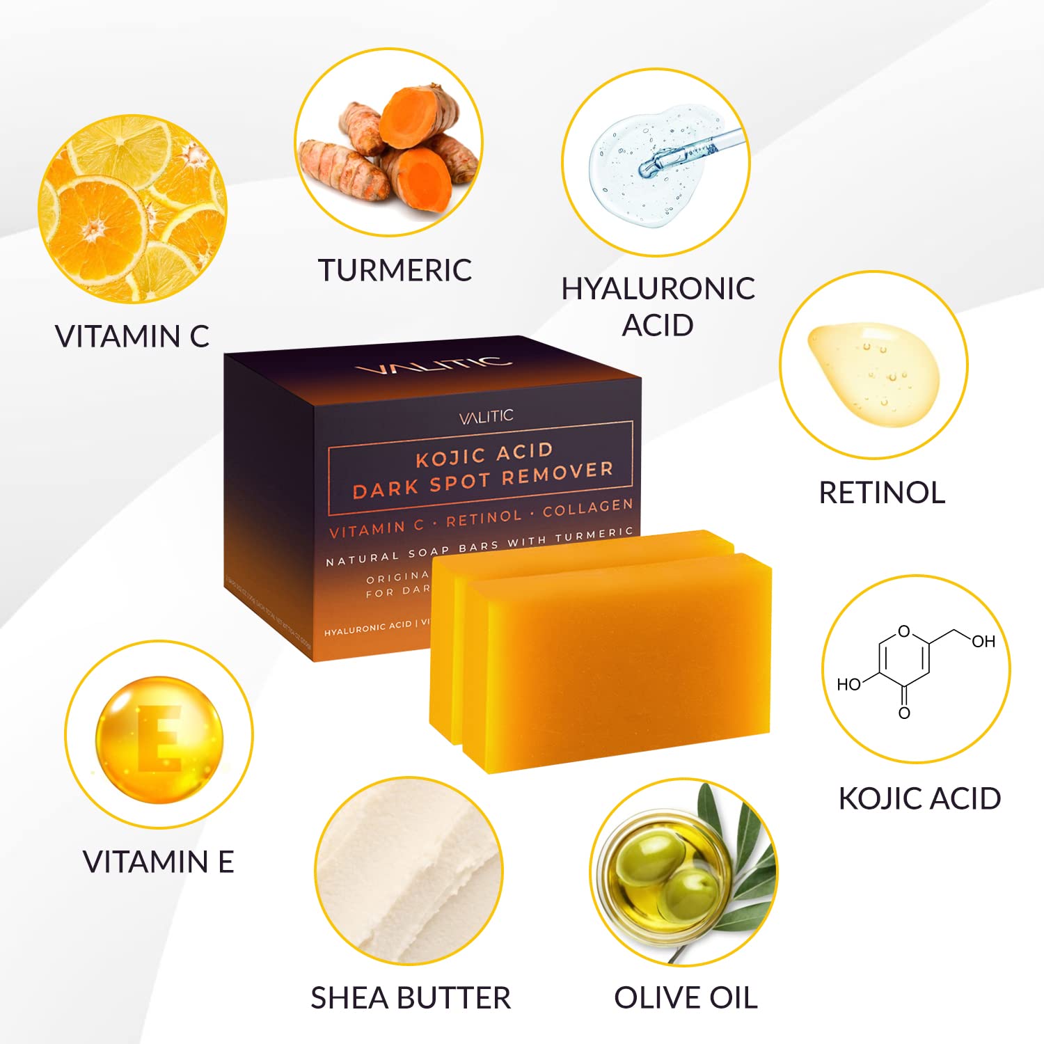 Kojic Acid Dark Spot Remover Soap Bars | Vitamin C, Retinol, Collagen, Turmeric, 2 Pack