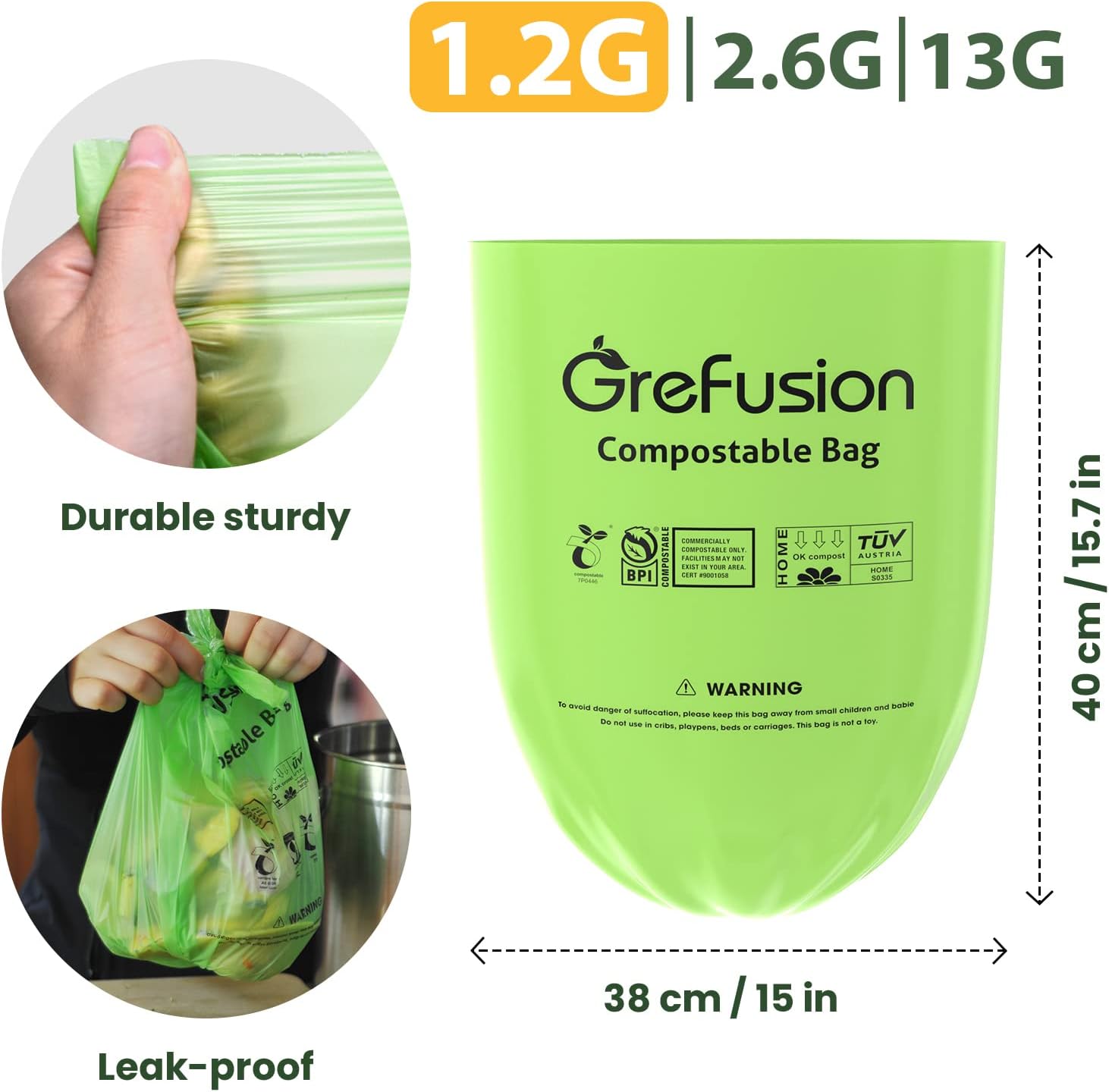 GreFusion Compost Bags - Leakproof, Odor Control, BPI & ASTM Certified, 1.2 Gallon, 125 Count