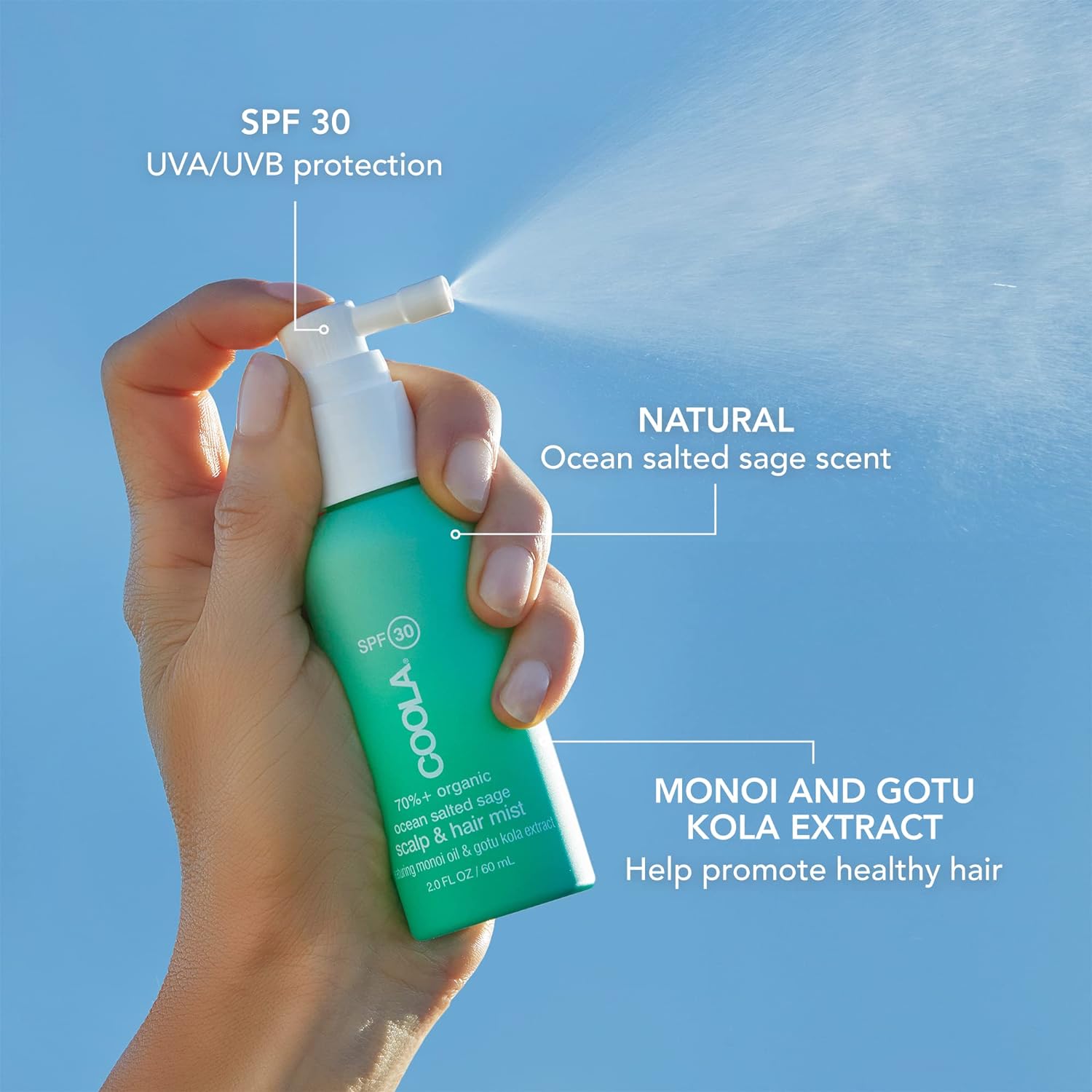 COOLA Scalp & Hair Mist - SPF 30 Protection, Organic Ingredients, Ocean Salted Sage - 2 Fl Oz