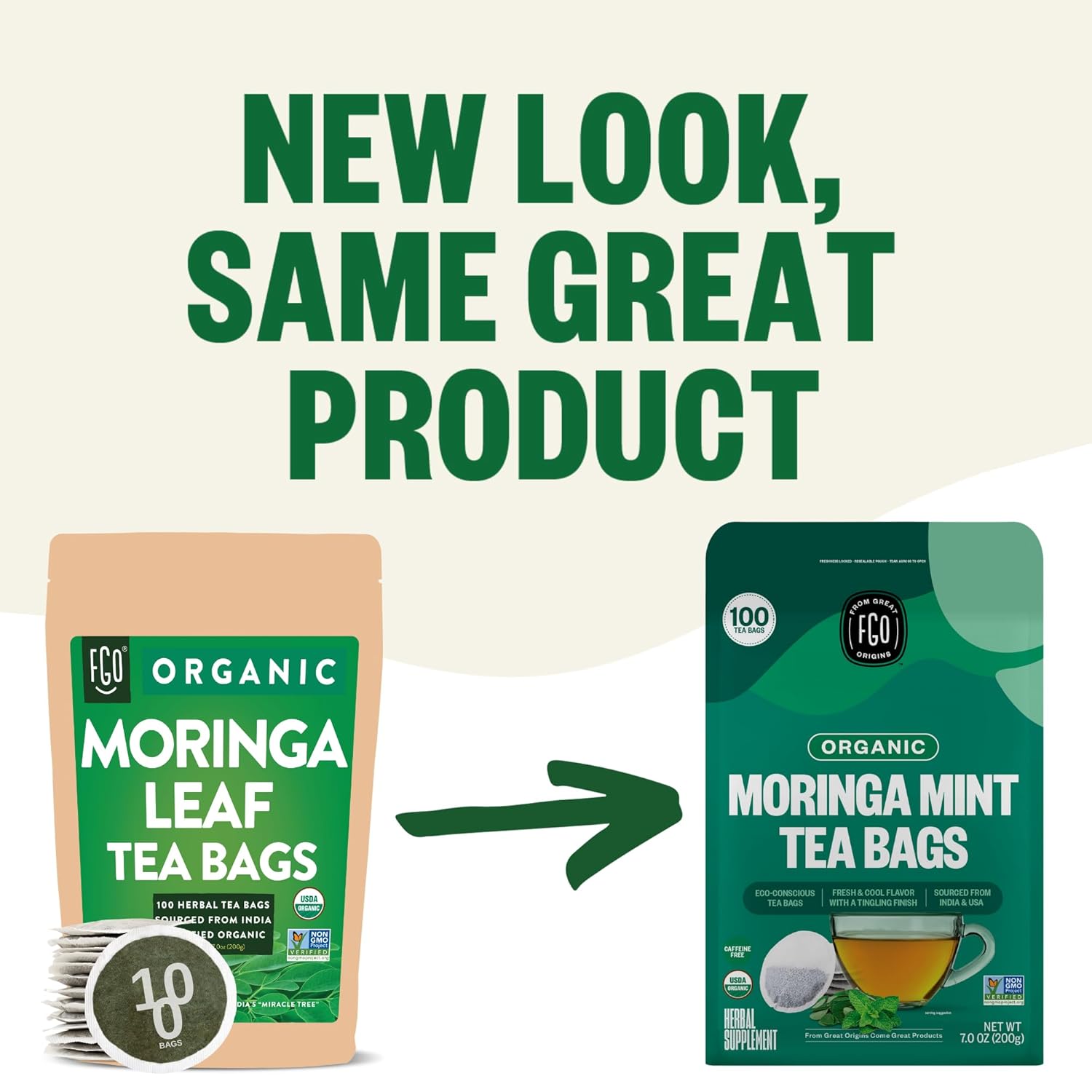 FGO Organic Moringa Mint Tea - Premium Non-GMO, USDA Organic, 100 Count Tea Bags