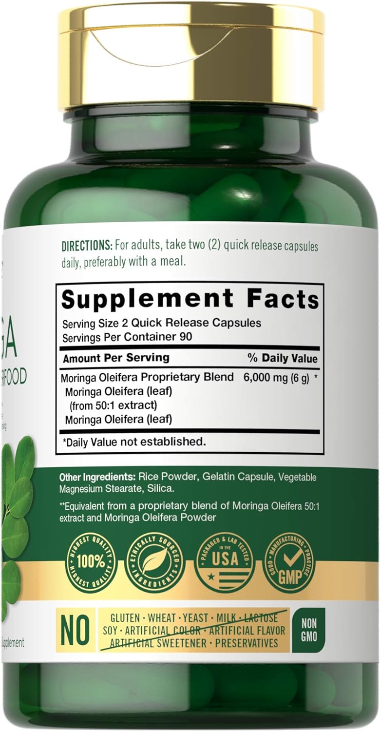 Carlyle Moringa Supplement - Antioxidant-Rich Superfood Blend, Non-GMO, Gluten Free - 180 Capsules