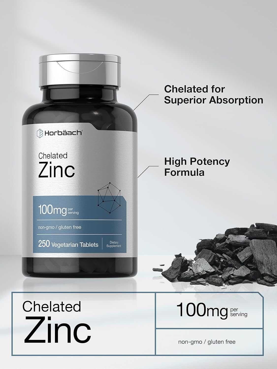 Zinc Supplement | 100mg High Potency, 250 Tablets, Vegetarian, Non-GMO