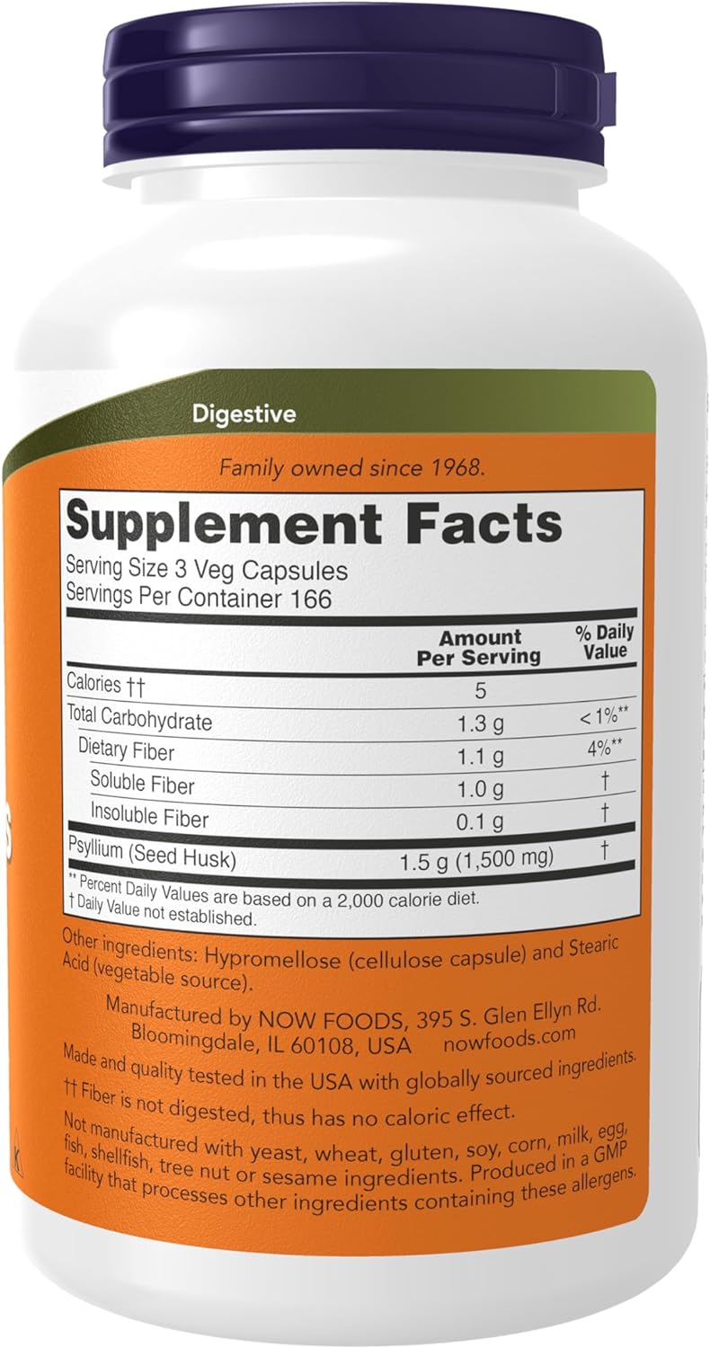 NOW Foods Psyllium Supplement - Supports Digestive Health, Non-GMO Verified - 500 Veg Capsules