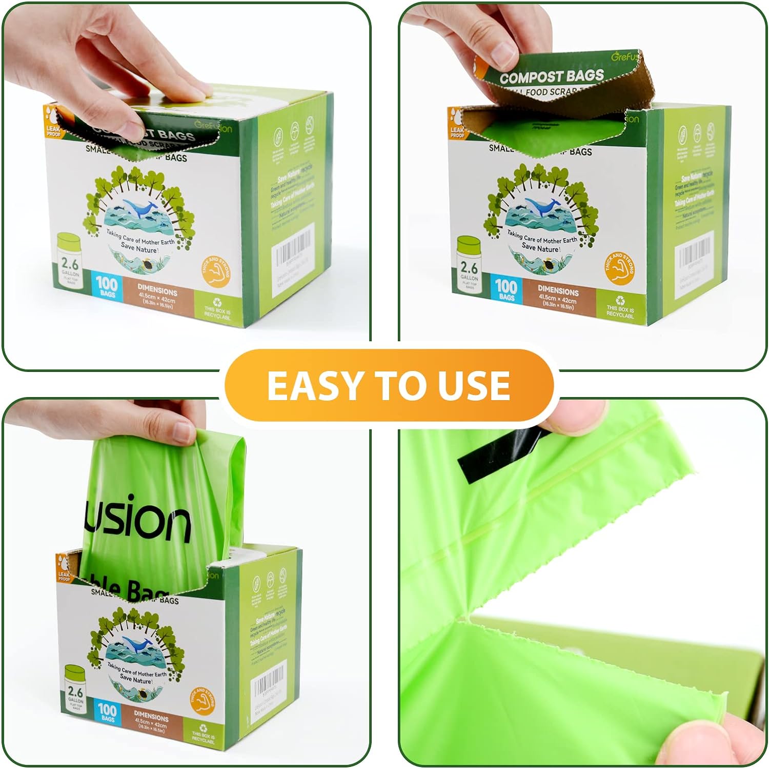 GreFusion Compost Bags - Leakproof, Odor Control, BPI & ASTM Certified, 1.2 Gallon, 125 Count