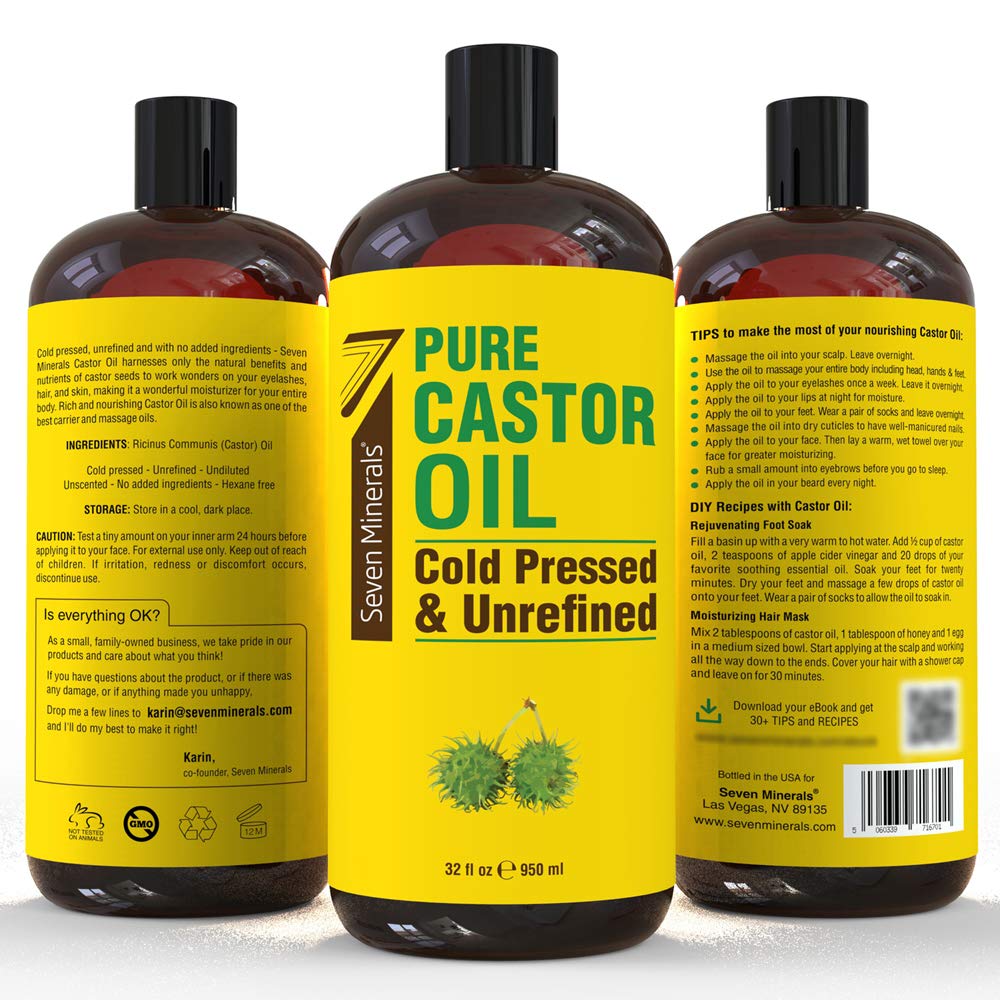 Pure Cold Pressed Castor Oil - Promotes Hair Growth & Thicker Lashes, 32oz Hexane Free